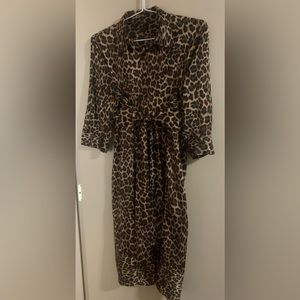 Zara Leopard print silky button up belt dress